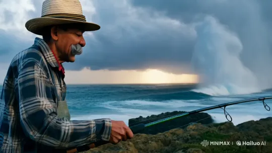 Old Fisherman Releasing Catch in Stormy Sea – AI Generated Video | Hailuo AI