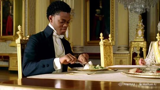 Young Man Dines with Queen Elizabeth in Grand Banquet Hall – AI Generated Video | Hailuo AI