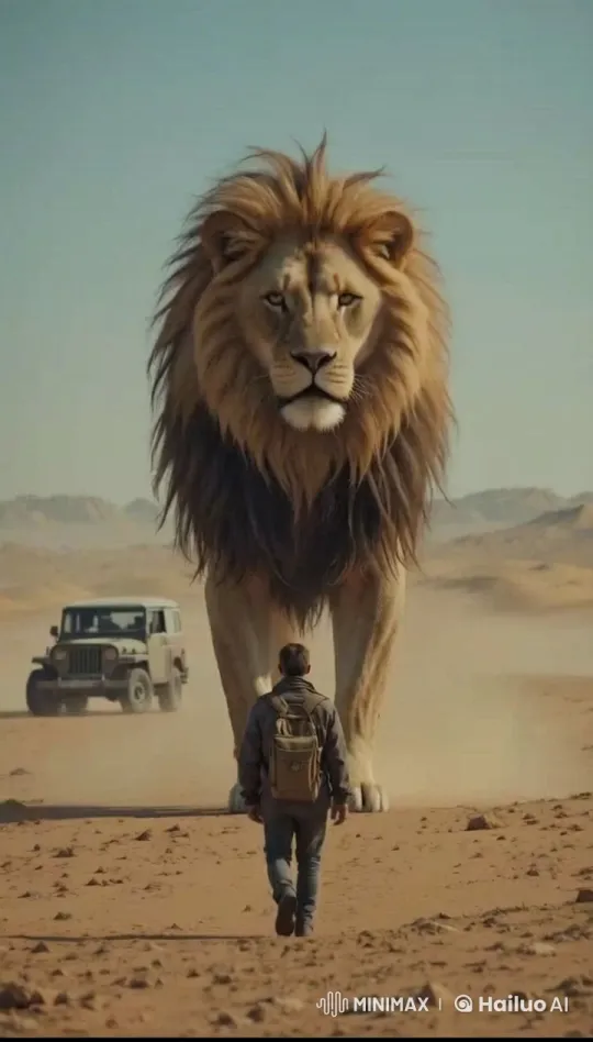 Lone Traveler Encounters Majestic Lion in Desert – AI Generated Video | Hailuo AI