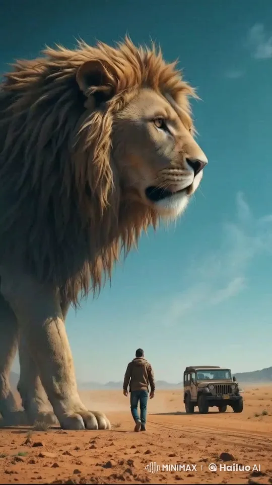 Man Peacefully Walks Past Majestic Lion in Desert – AI Generated Video | Hailuo AI
