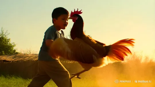 Boy Battles Feathered Foe in Rustic Farmyard Drama – AI Generated Video | Hailuo AI