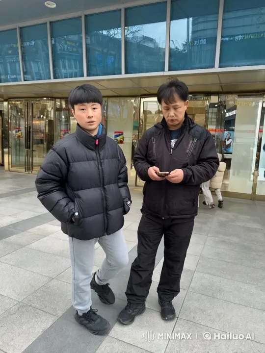 Two Individuals Outside Modern Building with Reflective Glass – AI Generated Video | Hailuo AI