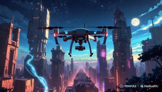 Neon Cityscape: Drone's Search for Landing Spot – AI Generated Video | Hailuo AI