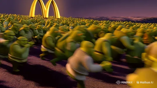 Shrek-Like Creatures Rush to McDonald's in Surreal Twilight Scene – AI Generated Video | Hailuo AI