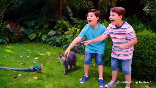 Boys and Cat Play with Hose in Imagined Jungle – AI Generated Video | Hailuo AI