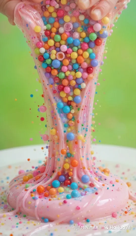 Rainbow Beads Blended into Stretchy Pink Slime – AI Generated Video | Hailuo AI