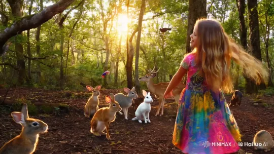 Blonde Girl Dances Joyfully with Nature in Forest Wonderland – AI Generated Video | Hailuo AI