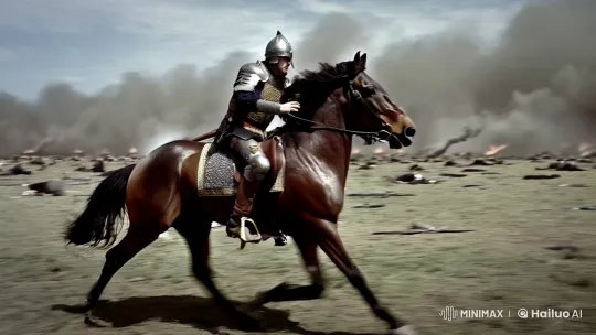 Epic War Film: Horse Gallops Through Battleground Dust and Smoke – AI Generated Video | Hailuo AI