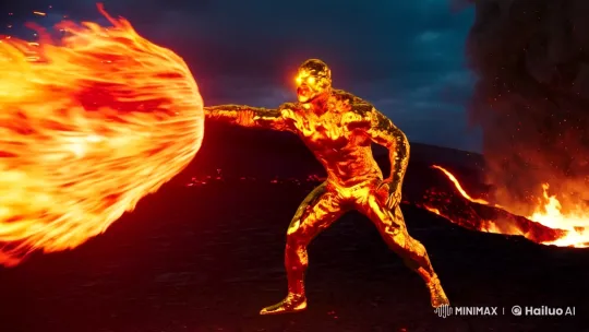 Golden Man Unleashes Fiery Inferno in Volcanic Landscape – AI Generated Video | Hailuo AI