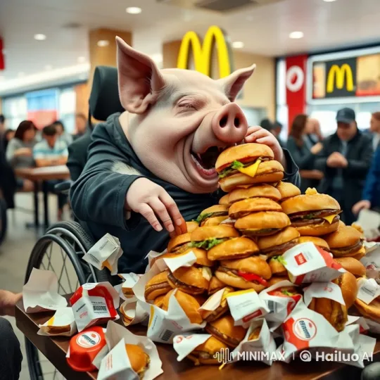 Pig in Wheelchair Eats Burgers, Explosive End in Kyiv McDonald's – AI Generated Video | Hailuo AI