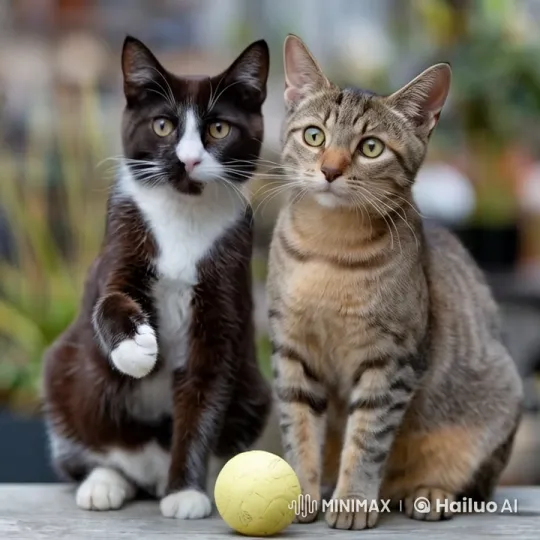 Cats Playfully Interact with Yellow Ball Indoors – AI Generated Video | Hailuo AI
