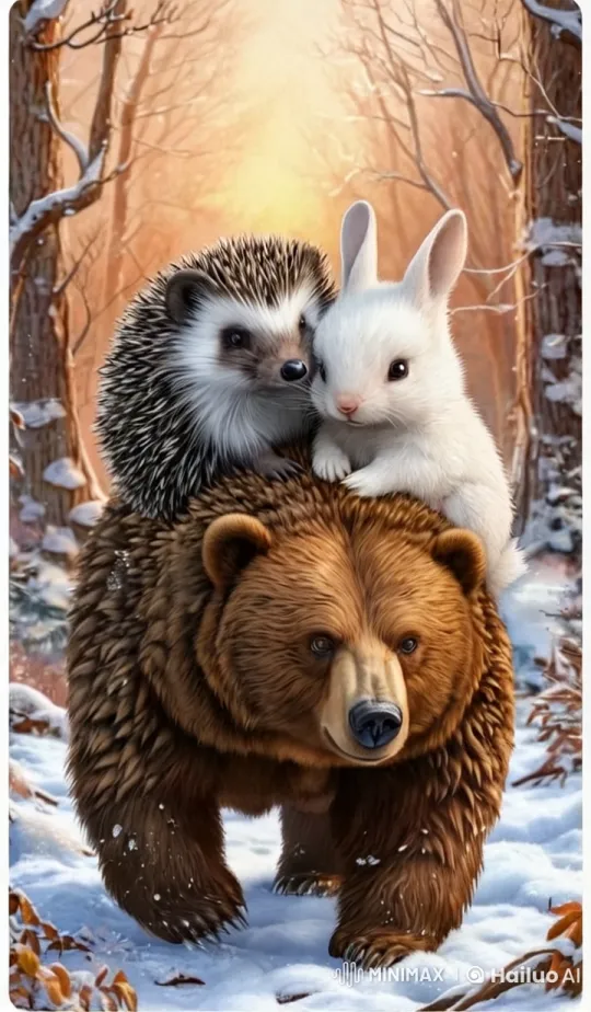 Peaceful Companionship: Bear, Hedgehog, and Bunny in Winter Woods – AI Generated Video | Hailuo AI