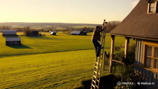 Man on Ladder Falls in Peaceful Farm Scene – AI Generated Video | Hailuo AI