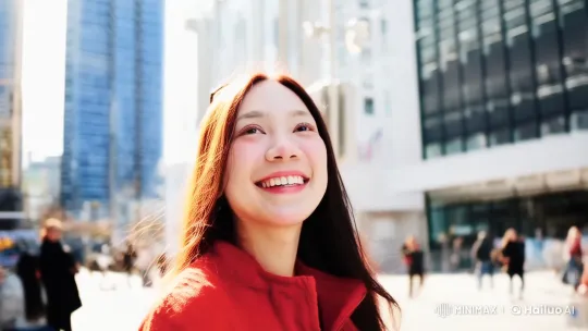 Joyful Woman in Urban Setting: A Blend of City Life and Serenity – AI Generated Video | Hailuo AI