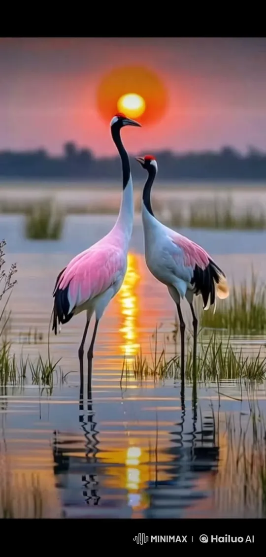 Cranes Reflect in Sunset's Golden Glow – AI Generated Video | Hailuo AI