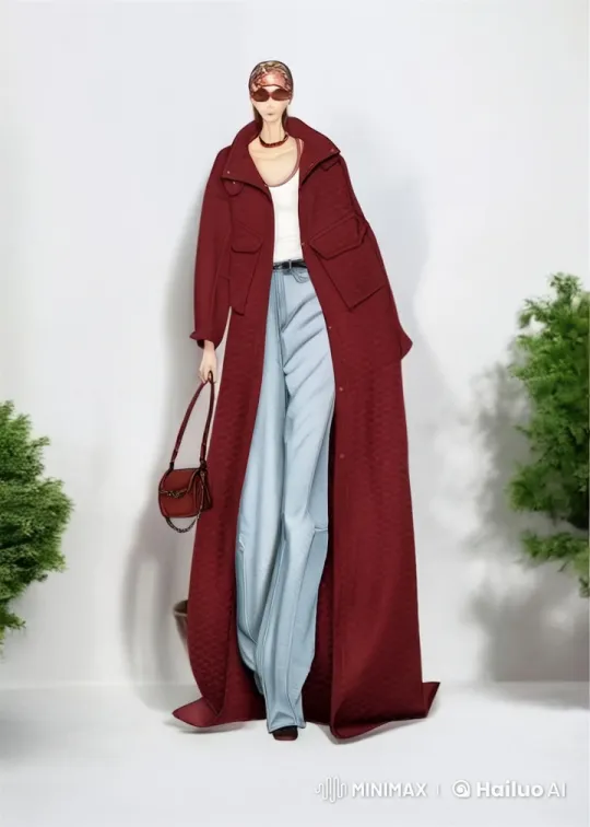 Model Struts in Maroon Trench Coat on Minimalistic Runway – AI Generated Video | Hailuo AI