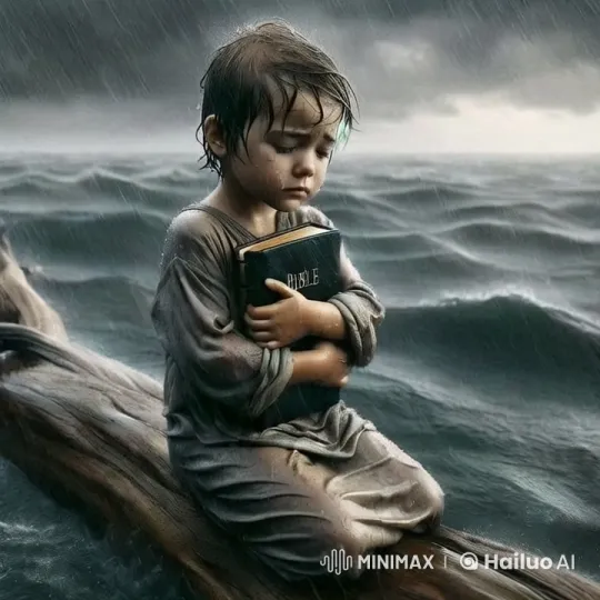 Child Clings to Bible on Driftwood in Stormy Seas – AI Generated Video | Hailuo AI