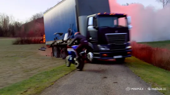 High-Speed Motorcycle Collides with Truck, Explodes – AI Generated Video | Hailuo AI