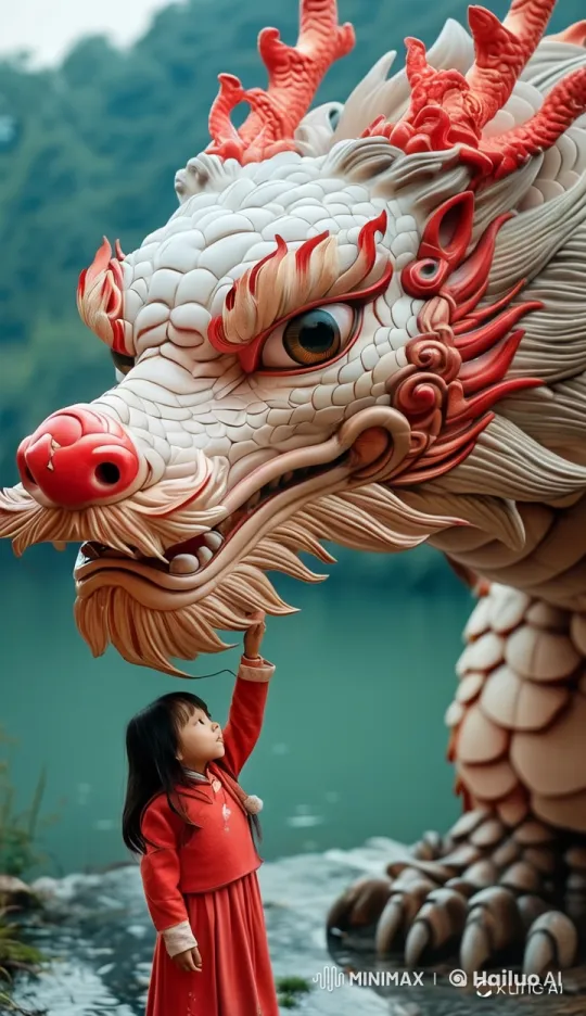 Girl Touches Majestic Dragon Sculpture by Tranquil Lake – AI Generated Video | Hailuo AI