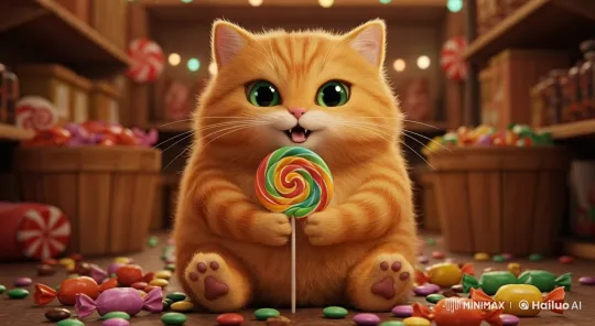 Ginger Cat Joyfully Dancing in Candy Shop – AI Generated Video | Hailuo AI