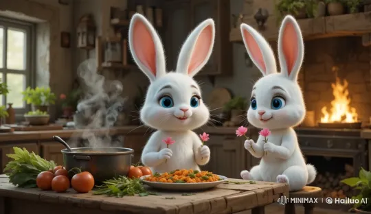 Cute Rabbits Enjoy Meal in Cozy Kitchen Setting – AI Generated Video | Hailuo AI