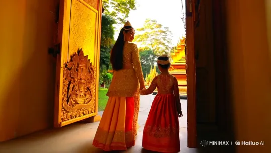 Thai Woman and Child Gracefully Exit Ornate Temple – AI Generated Video | Hailuo AI