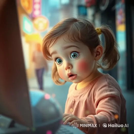 Young Girl Typing in Vibrant Cityscape – AI Generated Video | Hailuo AI