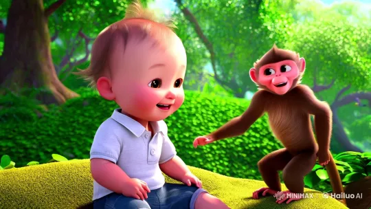 Baby and Monkey Play in a Lush Forest Clearing – AI Generated Video | Hailuo AI