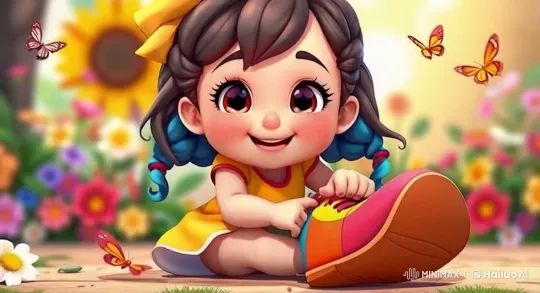 Cheerful Girl Buckling Shoe in Colorful Garden – AI Generated Video | Hailuo AI
