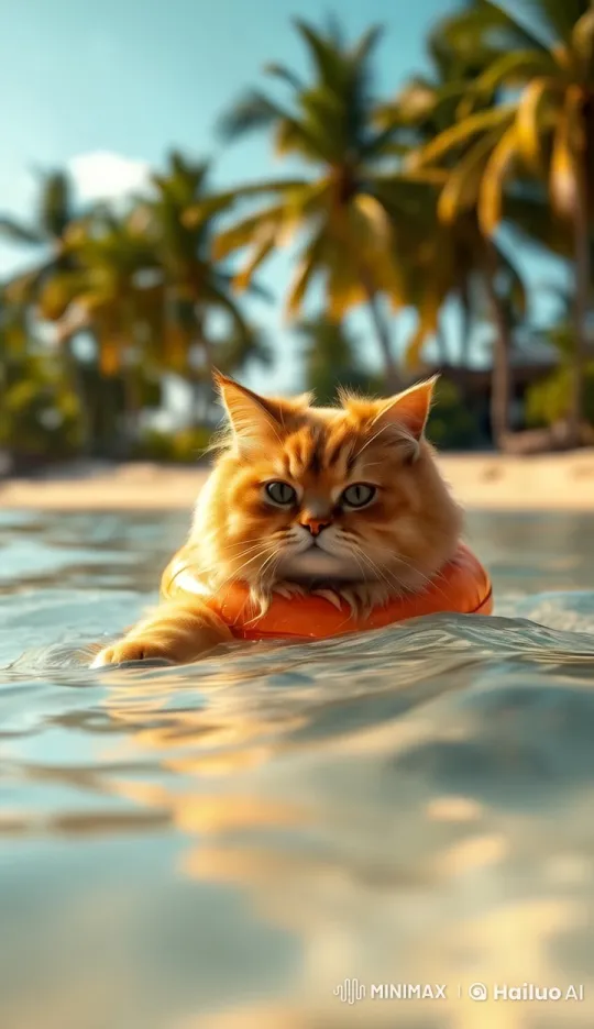 Fluffy Cat Enjoys Swimming with Flotation Ring – AI Generated Video | Hailuo AI