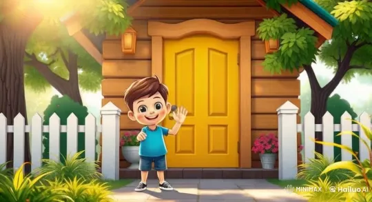 Boy Prepares to Knock on Cozy Cartoon House Door – AI Generated Video | Hailuo AI