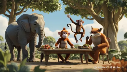 Forest Feast: Elephant, Monkeys, and Fox Share a Meal – AI Generated Video | Hailuo AI