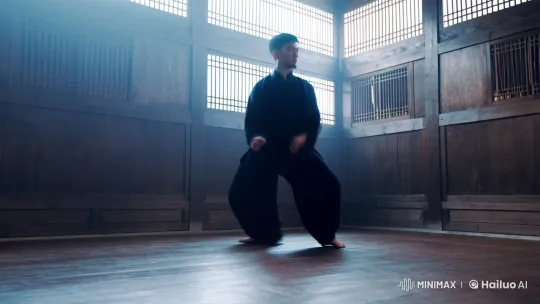 Martial Artist Showcases Fluid Fighting in Atmospheric Dojo – AI Generated Video | Hailuo AI