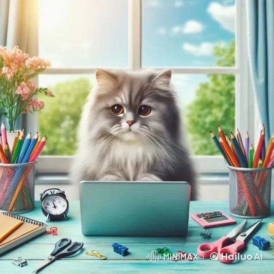 Fluffy Cat Observes Work on Bright Desk Scene – AI Generated Video | Hailuo AI