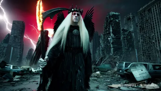 Albino Angel and Mega Therion in Ruined Metropolis – AI Generated Video | Hailuo AI