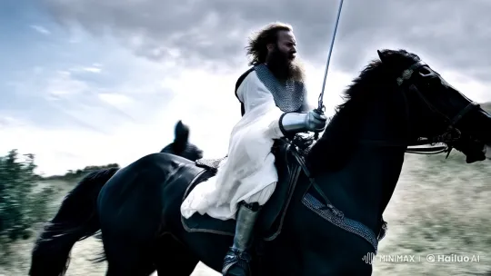Bearded Knight Engages in Intense Horseback Battle – AI Generated Video | Hailuo AI