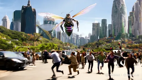 Colossal Metallic Bee Terrorizes Futuristic Cityscape – AI Generated Video | Hailuo AI