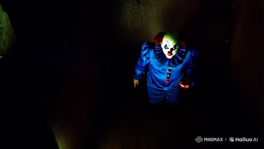 Chilling Clown Scene: Dramatic Camera Movement and Shadows – AI Generated Video | Hailuo AI