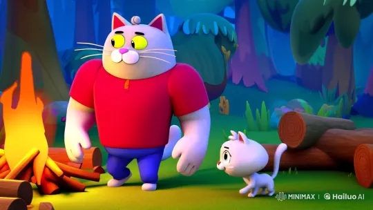 Dad and Son Cats Enjoy Campfire Bonding – AI Generated Video | Hailuo AI