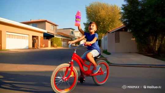 Child Rides Bicycle, Sips Drink in Sunlit Suburb – AI Generated Video | Hailuo AI