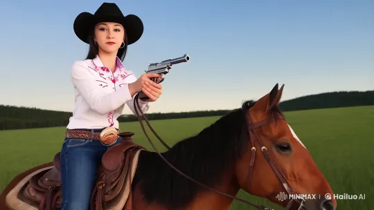 Texas Girl on Horseback with Gun and Cowboy Hat – AI Generated Video | Hailuo AI