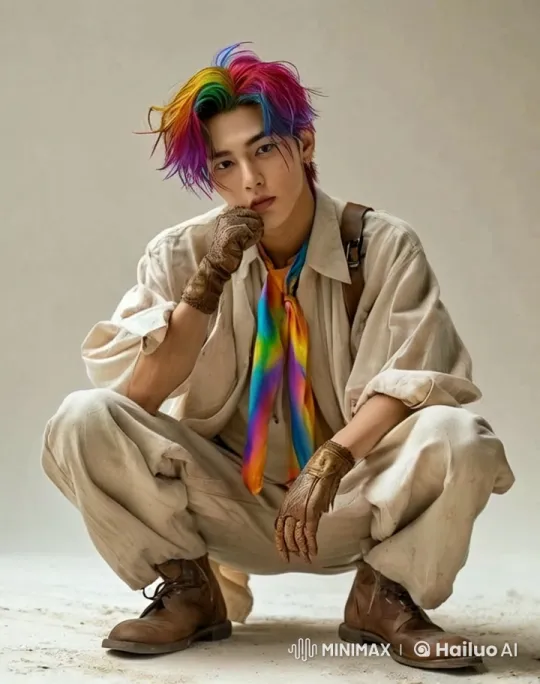 Colorful-haired Man Plays with Kitten in Windy Scene – AI Generated Video | Hailuo AI