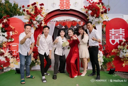 Friends Showcase Synchronized Kung Fu at Wedding Arch – AI Generated Video | Hailuo AI