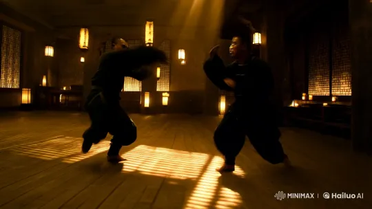 Dynamic Kung Fu Showdown in Atmospheric Dojo – AI Generated Video | Hailuo AI