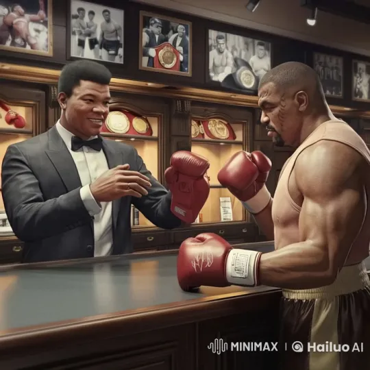 Muhammad Ali and Mike Tyson in Virtual Reality Boxing Memorabilia Shop – AI Generated Video | Hailuo AI
