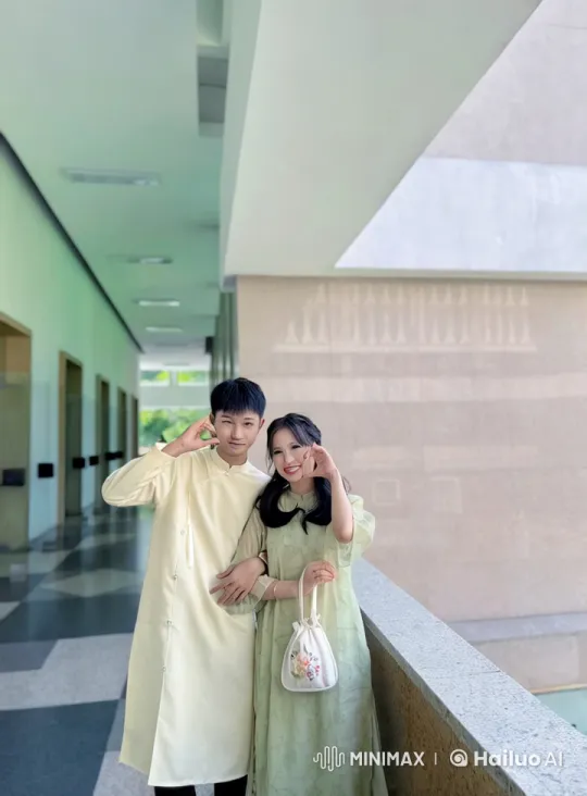 Couple Poses Lovingly in Outdoor Hallway – AI Generated Video | Hailuo AI