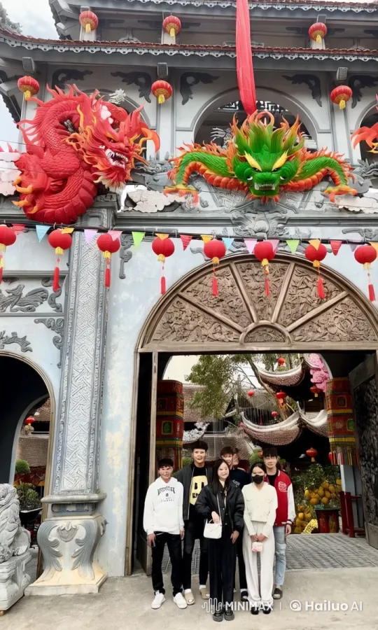 Young Adults at Vibrant Temple Gate with Cultural Decorations – AI Generated Video | Hailuo AI