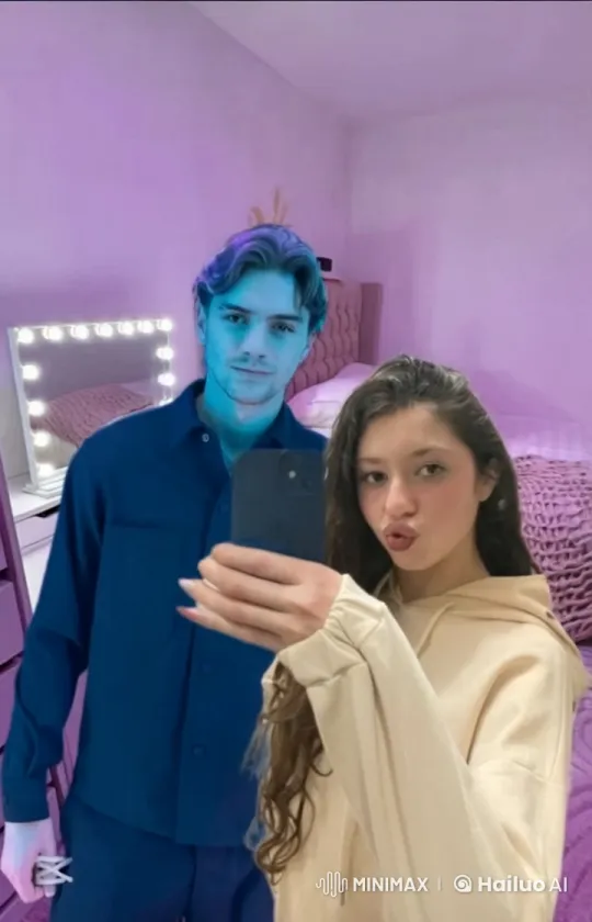 Affectionate Boy Kisses Girl in Cozy Bedroom Selfie – AI Generated Video | Hailuo AI