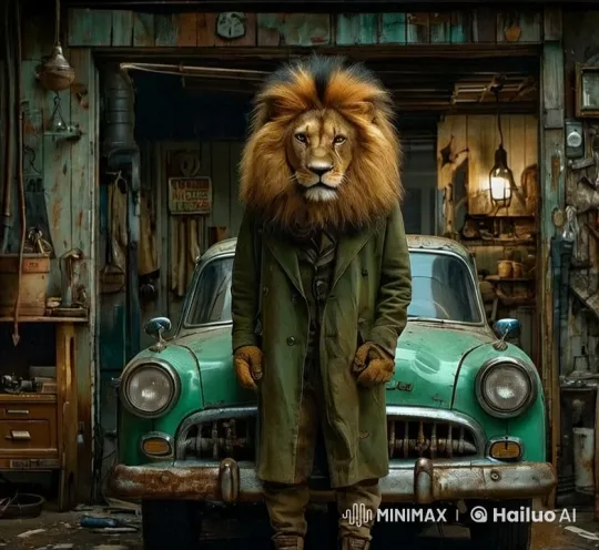 Lion-Headed Figure Stands in Magical Garage – AI Generated Video | Hailuo AI