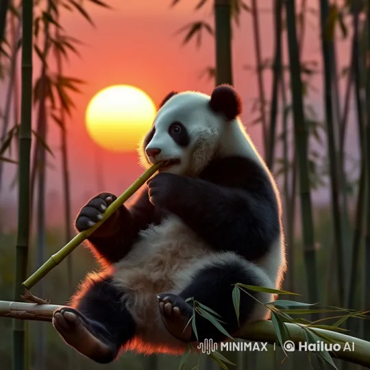 Cute Panda Enjoying Bamboo in Sunset's Golden Glow – AI Generated Video | Hailuo AI